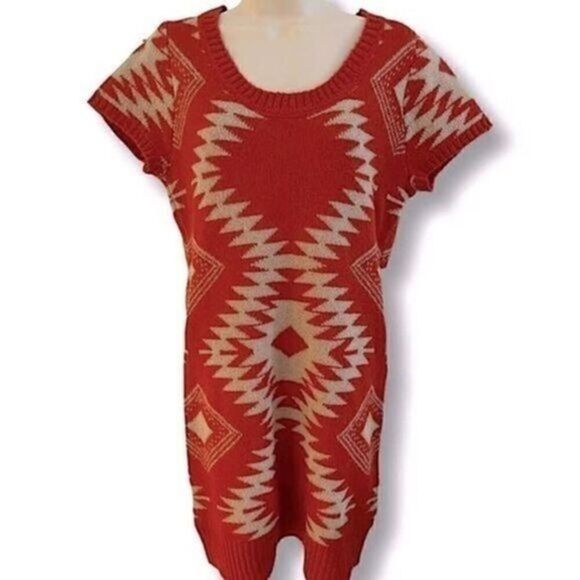 Liv Short Sleeve Sweater Dress keyhole Chevron Pattern Rust cream color Size M - Picture 1 of 4